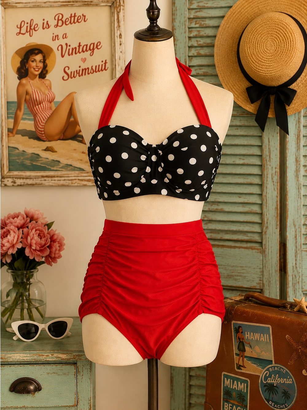 Retro 2XL Polka High-Waist Red Bikini Set